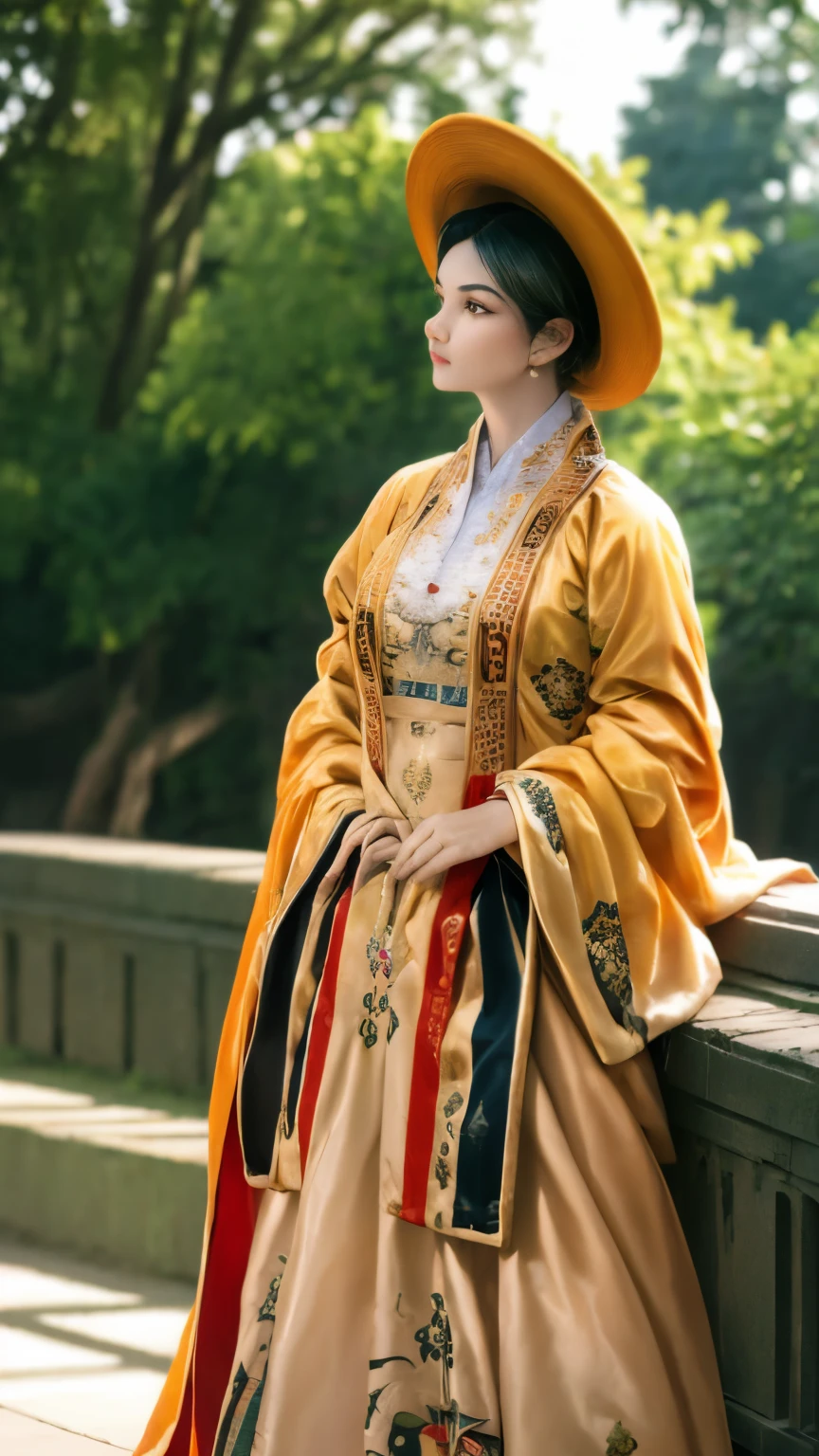 black hair, Surrealism, 8k, super detail, UHD, masterpiece, ccurate, anatomically correct, textured skin, super detail, high details, high quality, best quality, 8k，Beautiful woman，(golden dress:1.5)，Glittering costumes，Princess，western castle