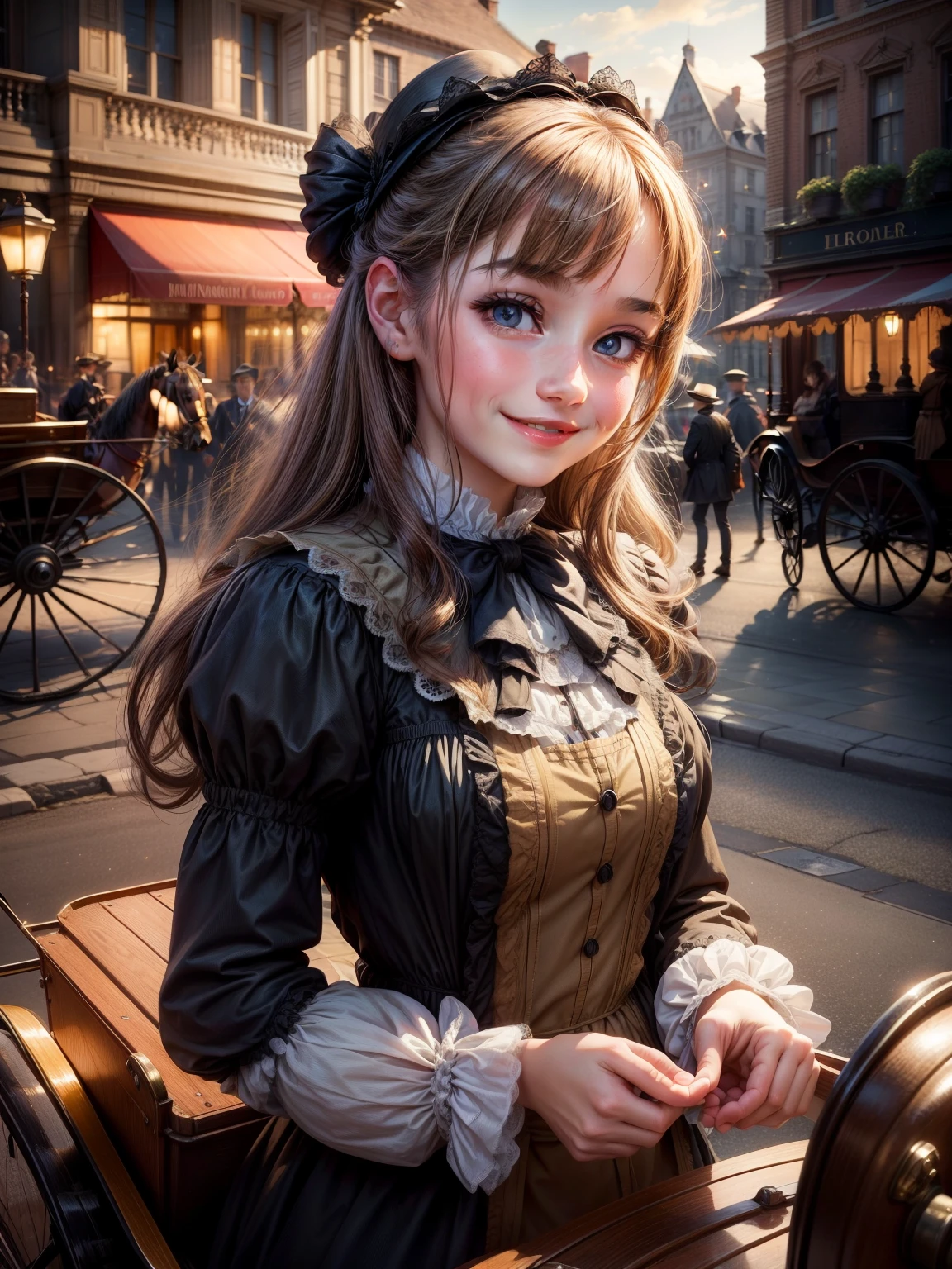 (masterpiece), best quality, expressive eyes, perfect face,a girl smiles towards the camera in a wonderful sunny day. her smile is cheerful but contained and reserved, Victorian era posing in front of a period building, night, street lights, people along the road, horse-drawn carriages, romantic atmosphere, sky with various nocturnal colors and stars.
​ 