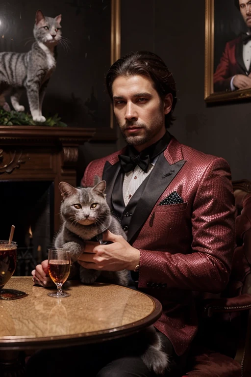 A man with trimmed dark brown hair in an expensive all red three-piece suit holding a gray shorthair cat, with a large chalice glittering with diamonds on a table, background is dark, oil painting, in the style of robert mccurdy, portrait, 8k, by ericovalle