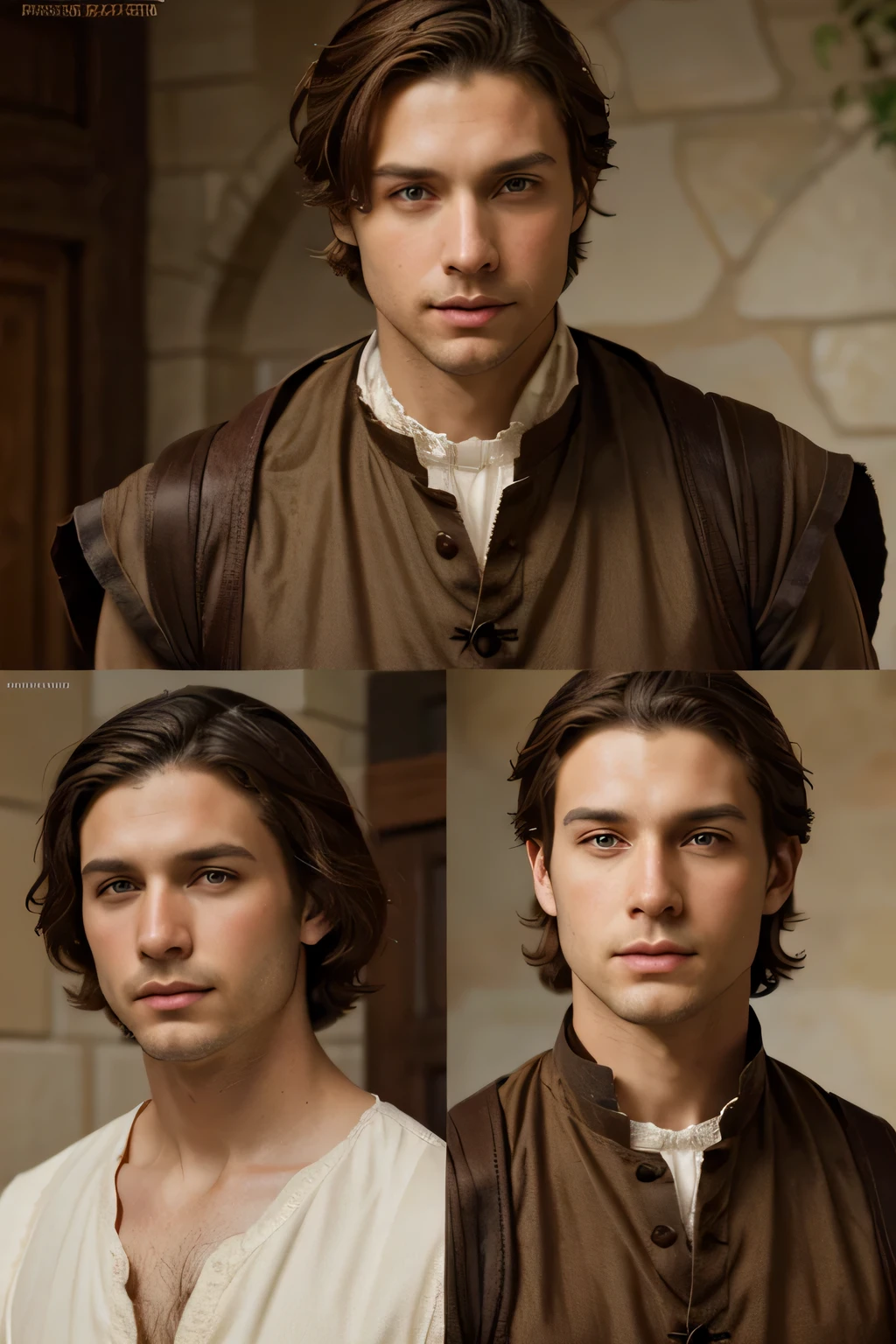 homem bonito, cabelo castanho, olhos claros, pele clara, sem barba. triste. Judeu, very short straight hair, 20 anos de idade, Estilo dos anos 1560. meia idade. Uncropped, imagem colorida, vistas laterais e frontais.