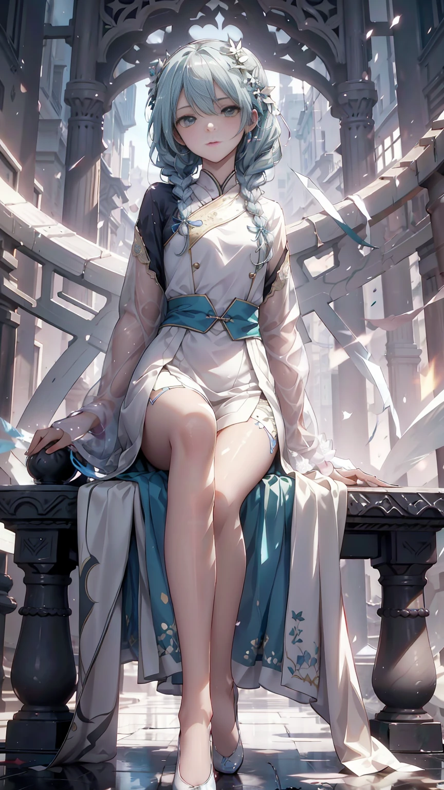 Hatsune Miku、(Surreal), (one example), (high resolution), (8k), (Very detailed), (best illustrations), (Beautiful and delicate eyes), (best quality), (super detailed), (Master of Peace), (wallpaper), (Detailed face), alone, 1 girl, Noble dress、white hair, Heterochromia of the iris, Small moles under the eyes, medium bust, long legs,stunning composition,foot braids,Beautiful and delicate legs