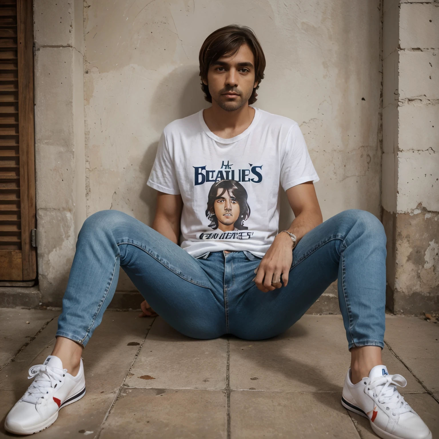 Fotografia de um homem, branco, messy dark brown hair, topete, olhos castanhos, magro, com uma blusa preta com uma estampa da Banda Beatles, Jeans surrado, with sports sneakers.
