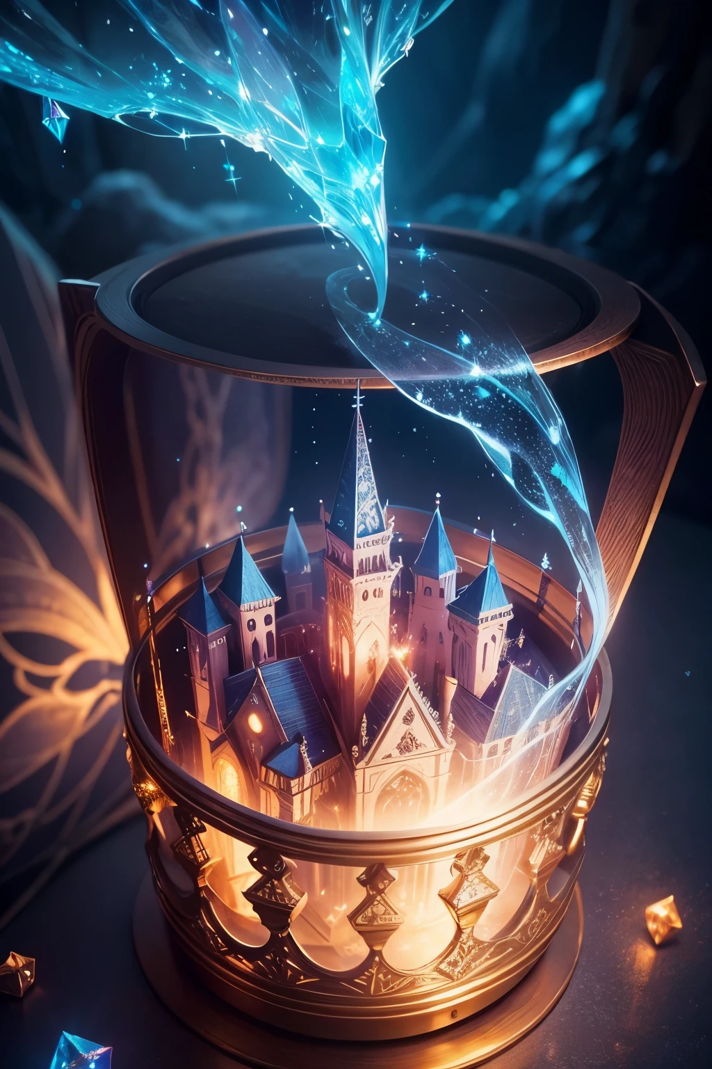 Beautiful sparkling crystal treasure chest, mystical magical fantasy enchanted ethereal, cinematic shot, cinematic scene, stunning, breathtaking, a sense of magic in the air, magical fantasy, diffused lighting