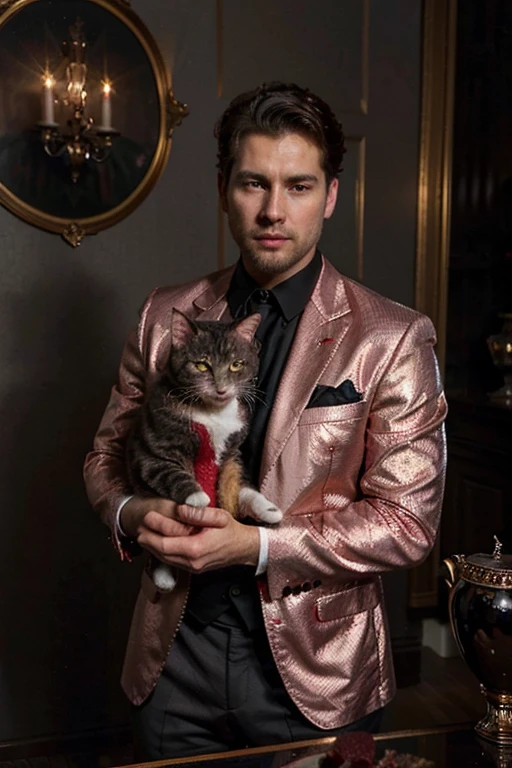 A man with trimmed dark brown hair in an expensive all red three-piece suit holding a shorthaired gray cat, with a large chalice glittering with diamonds on a table, background is dark, oil painting, in the style of robert mccurdy, portrait, 8k, by ericovalle