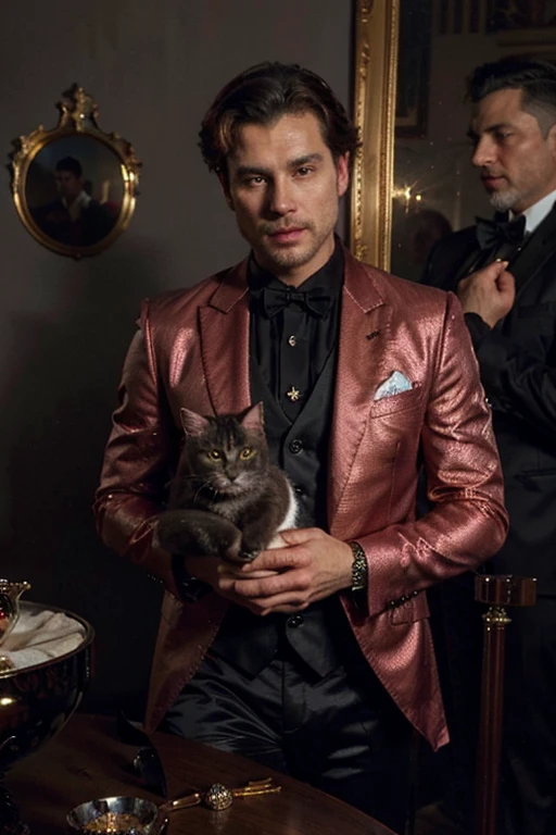 A man with trimmed dark brown hair in an expensive all red three-piece suit holding a shorthaired gray cat, with a large chalice glittering with diamonds on a table, background is dark, oil painting, in the style of robert mccurdy, portrait, 8k, by ericovalle
