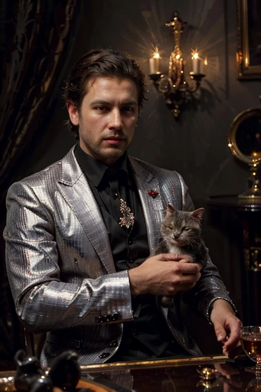A man with trimmed dark brown hair in an expensive all red three-piece suit holding a shorthaired gray cat, with a large chalice glittering with diamonds on a table, background is dark, oil painting, in the style of robert mccurdy, portrait, 8k, by ericovalle