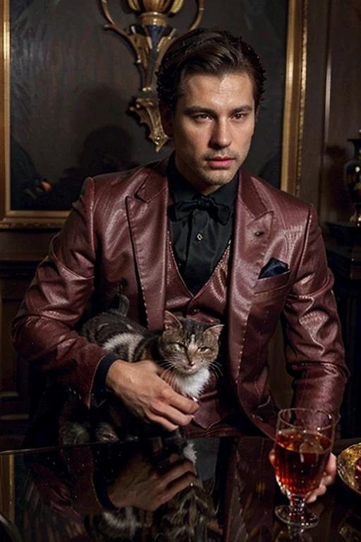 A man with trimmed dark brown hair in an expensive all red three-piece suit holding a shorthaired gray cat, with a large chalice glittering with diamonds on a table, background is dark, oil painting, in the style of robert mccurdy, portrait, 8k, by ericovalle