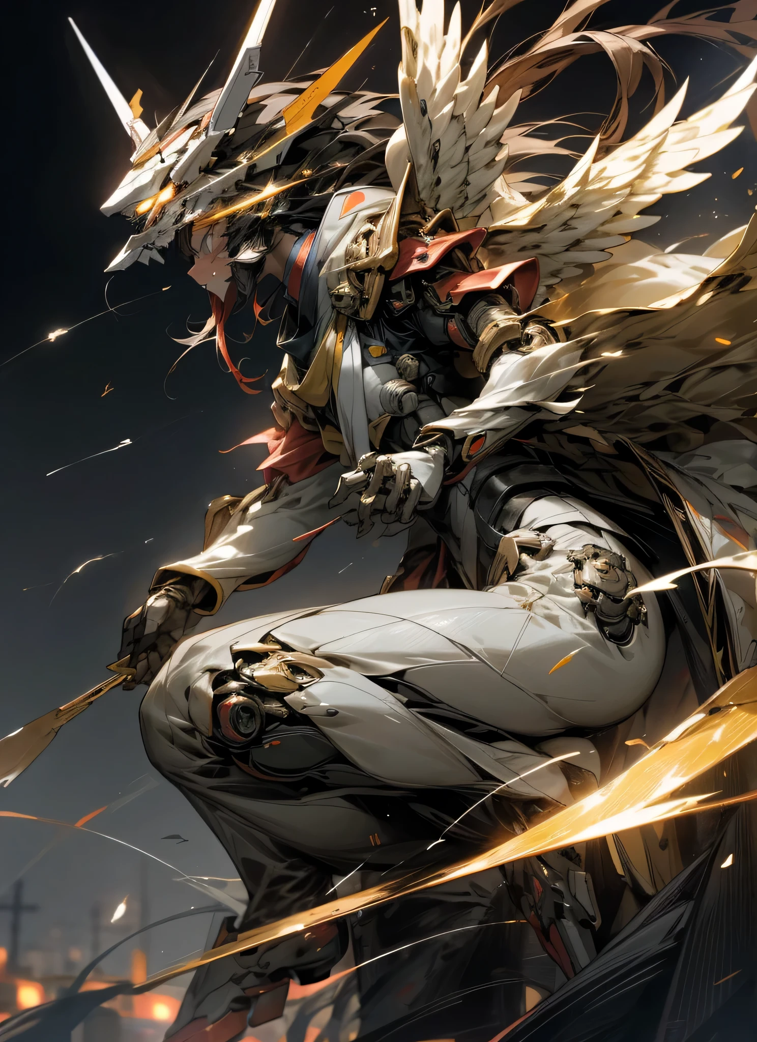surrealism, Ray tracing, hyper HD, High details, 8K, Best quality, Textured skin，In the dark，Gundam Mech，Mecha lights，brilliant colorful，Giant nine-tailed fox，Dragon wings，tmasterpiece，best qualtiy，mechs，A teenager levitates in the air，（full bodyesbian），（Black Mech：1.5），（轴对称：1.4），（hdr），（cinematric light：1.1），White eyes，Cool,scientific fiction，firey，Don Dao，Background of the city destroyed with a tang knife，Holding a Tang knife，Standoff
