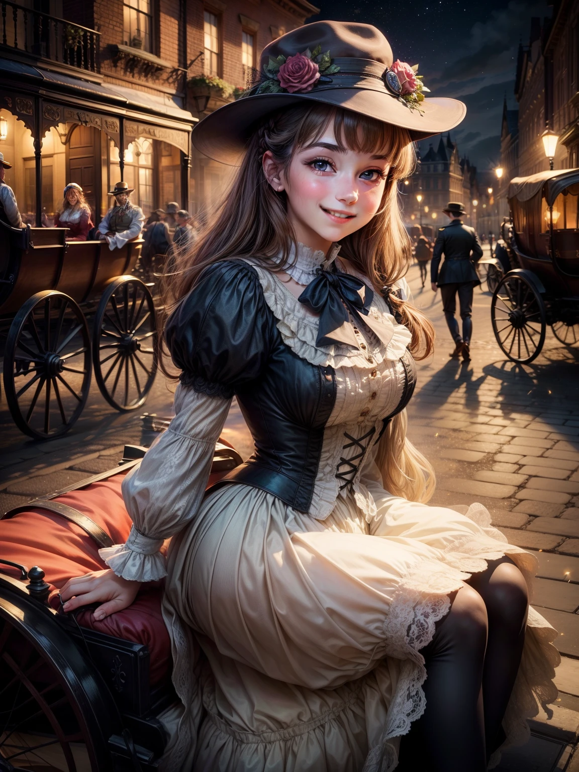 (masterpiece), best quality, expressive eyes, perfect face,a girl smiles towards the camera in a wonderful sunny day. her smile is cheerful but contained and reserved, Victorian era posing in front of a period building, night, street lights, people along the road, horse-drawn carriages, romantic atmosphere, sky with various nocturnal colors and stars.

