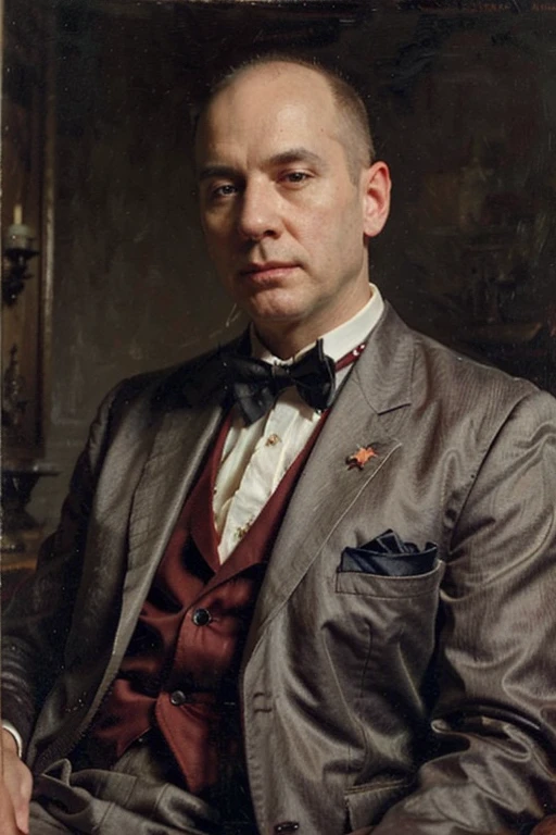 A freemason Grand Master in full regalia, Canadian theme, sitting, bald, bowtie, portrait, oil painting style