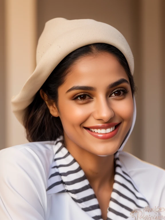 there is a woman who is smiling and wearing a white shirt, ameera al taweel bronzeada, pintado digitalmente, slight sorriso fofo, in oil painting style, com um sorriso lindo, linda e sorridente, garota indiana com pele morena, jovem rosto bonito, kind smile, Sorriso inocente, x, sorriso fofo, Sarah Ali, cara bonita!!