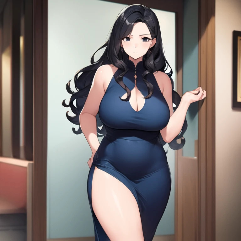 masterpiece, best quality, 1girl, solo, milf, large breasts, narrow waist, wide hips, plump, curly hair, long hair, black hair, black eyes, tube dress, blue dress, bar