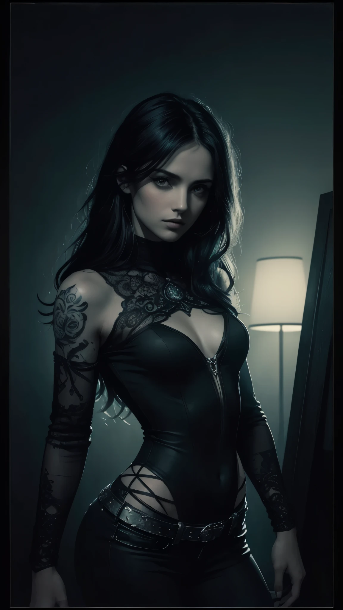 (((nighttime))), (((dark tones))), (((black filter))), (dark outside), Luis Royo-style illustration of a beautiful striking figure, (((slim frame that exudes confidence and resilience))), intricate full sleeve tattoo, (tetradic color combination), 32k resolution, best quality, gaze into the camera, white light. (((fully clothed))),