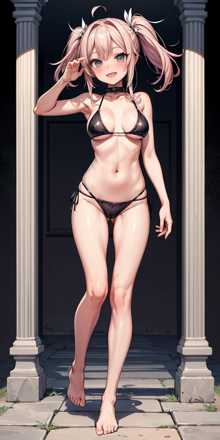 Body position: Standing, straight, symmetrical, barefoot, Lustful smile on face with red blush,