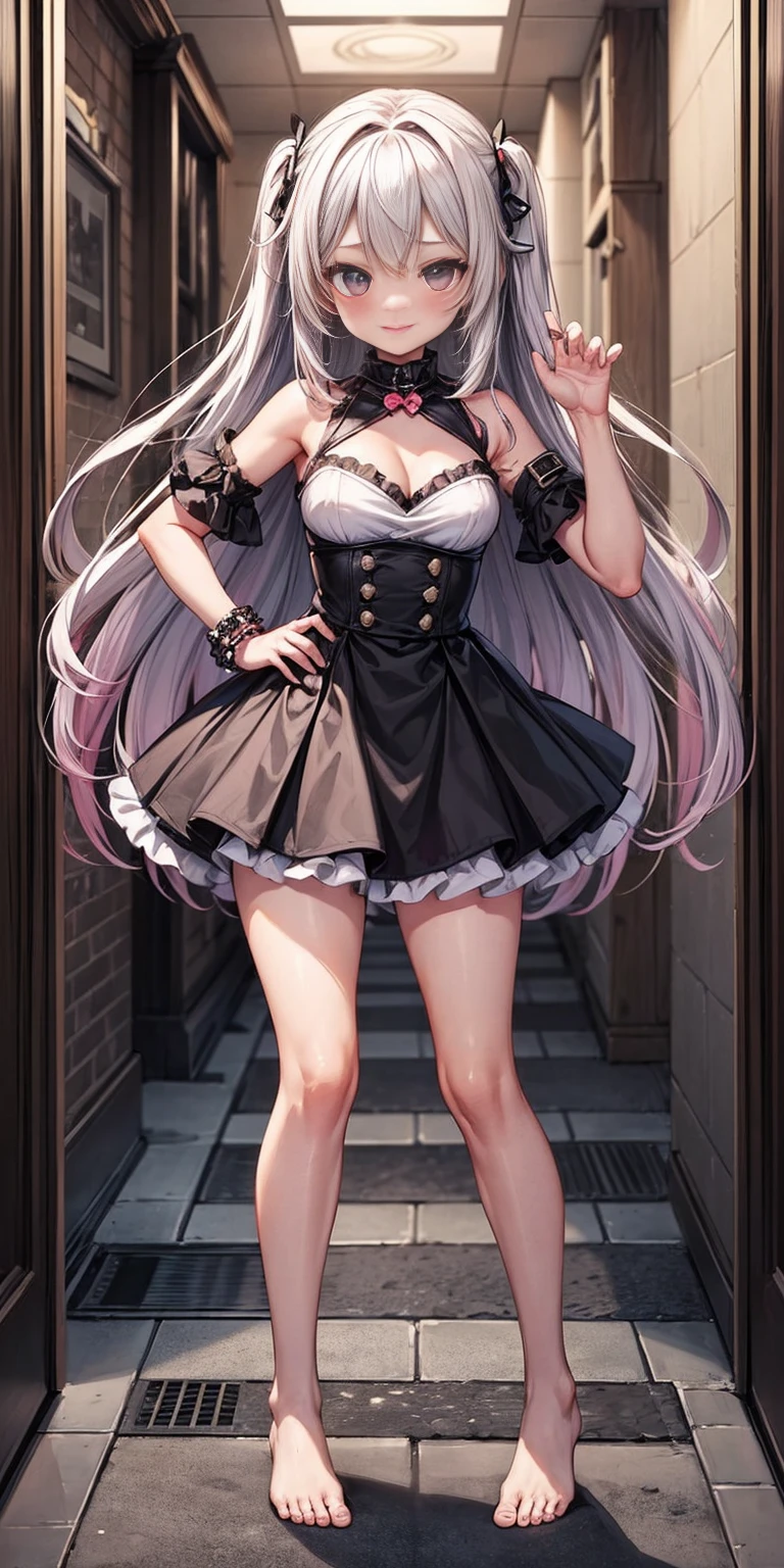 Body position: Standing, straight, symmetrical, barefoot, Lustful smile on face with red blush,