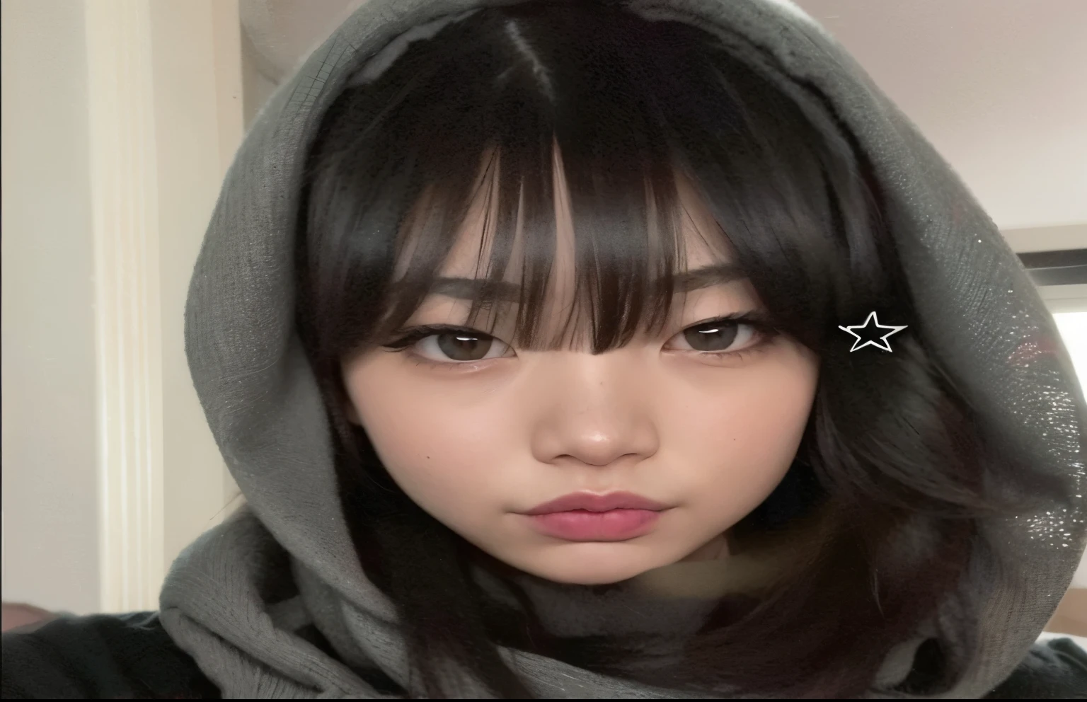 Mujer arafed con una sudadera con capucha y un alfiler de estrella en la frente., ulzzang, neat hair con flequillo, she has black hair con flequillo, pelo cortado hime negro, con flequillo, el corte de hime, joven y adorable rostro coreano, chica linda-cara-fina, muchacha coreana, korean symmetrical face, Con pelo corto, con flequillo completo