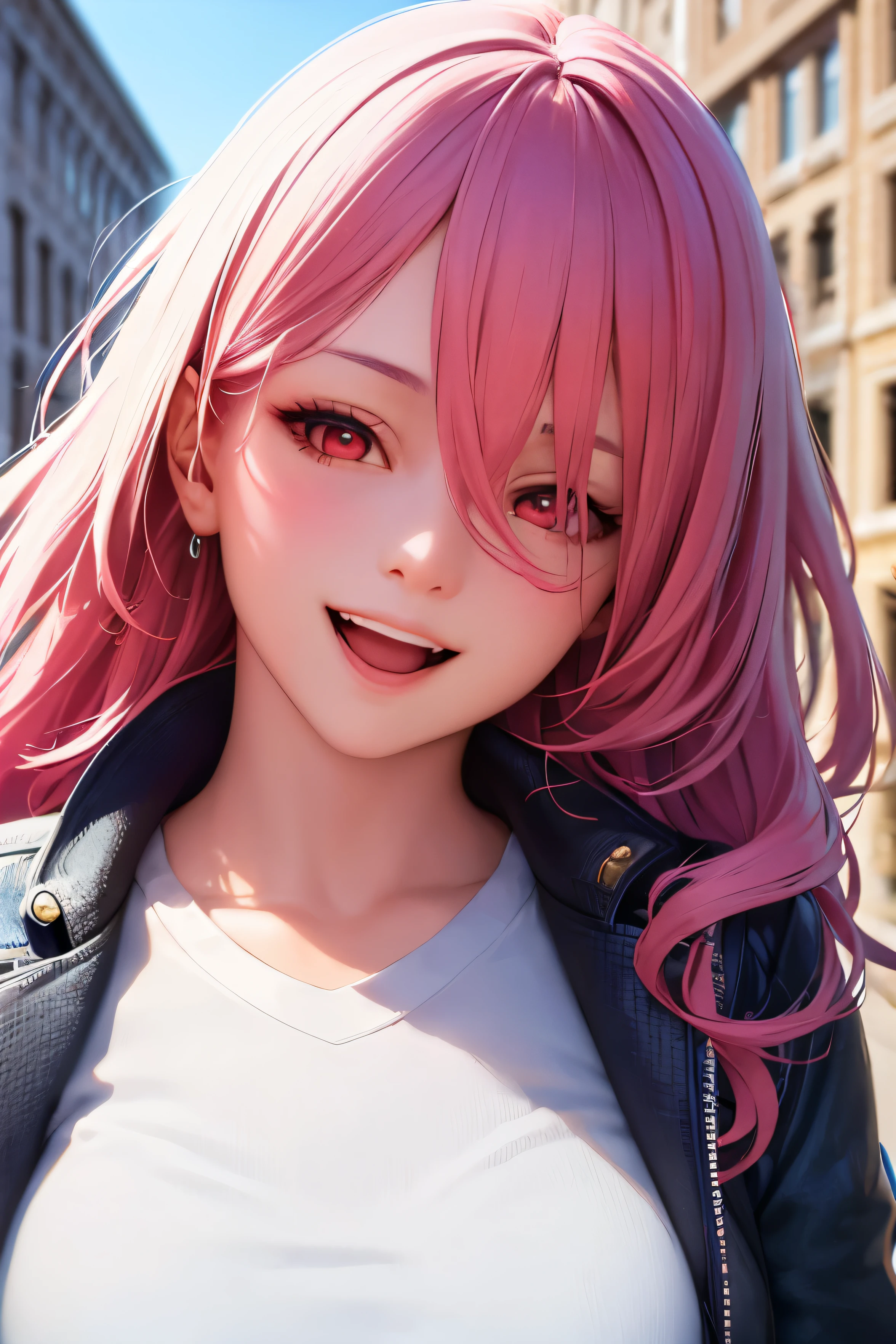 1girl, ((best quality)), ((masterpiece)), ((realistic)), (detailed), (perfect face), beautiful women, nevy blue jaket, white shirt, pure happy, smile, open mouth, pink hair, long hair, hair between eyes, red eyes, attractive, high angle, building background