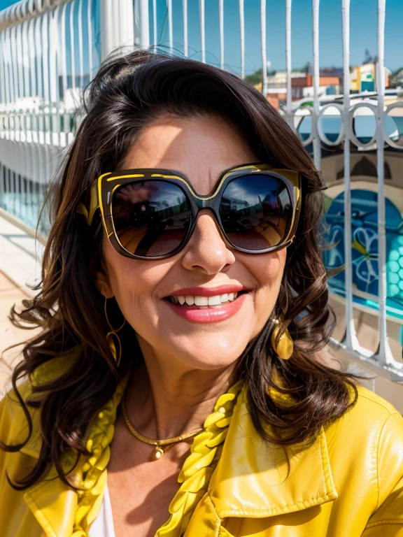 woman with sunglasses and yellow jacket smiling at camera, imagem de perfil, taken at the beginning of 2020, dia ensolarado brilhante, imagem de perfilture, lorena avarez, Alanis Guillen, she is about 7 0 anos, imagem de perfil, Karla Ortiz, ela tem cerca de 6 0 anos, 7 0 anos, 70 anos
