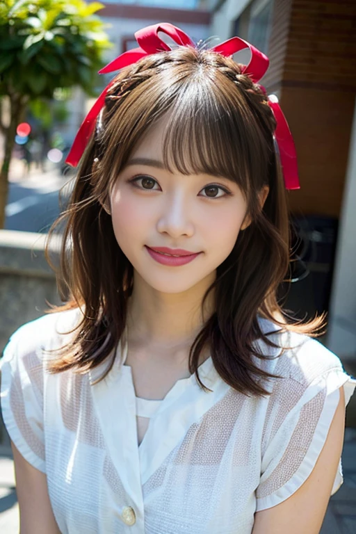 (8K、Raw photo、highest quality、masterpiece:1.2)、(realistic、Photoreal:1.37)、super detailed、Super high resolution、1 girl、see the beholder、beautiful and detailed face、laughter、narrow、(slim waist) :1.3)、Beautiful and smooth skin、skin texture、floating hair、professional lighting、human body as a whole、braided hairstyles、Japanese Yukata、floral pattern yukata、kimono、Colorful yukata、Japanese-style coffee shop、bob hair、E cup、smile、16 years old、red ribbon、baby face、childish smile、No makeup、moisturizing lips、pale pink lips