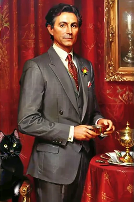 A man with trimmed dark brown hair in an expensive all red three-piece suit holding a shorthaired gray cat, with a large chalice glittering with diamonds on a table, background is dark, in the style oil painting, portrait, 8k, by ericovalle