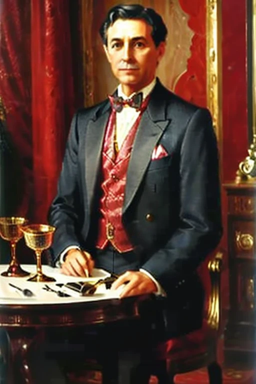 A man with trimmed dark brown hair in an expensive all red three-piece suit holding a shorthaired gray cat, with a large chalice glittering with diamonds on a table, background is dark, in the style oil painting, portrait, 8k, by ericovalle