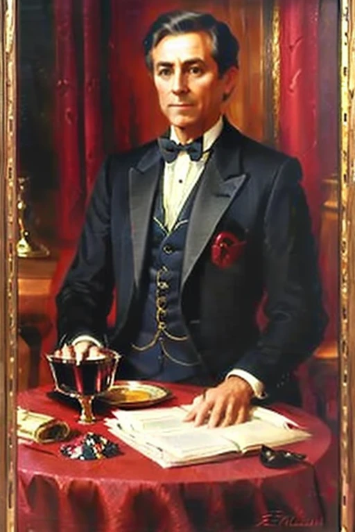 A man with trimmed dark brown hair in an expensive all red three-piece suit holding a shorthaired gray cat, with a large chalice glittering with diamonds on a table, background is dark, in the style oil painting, portrait, 8k, by ericovalle