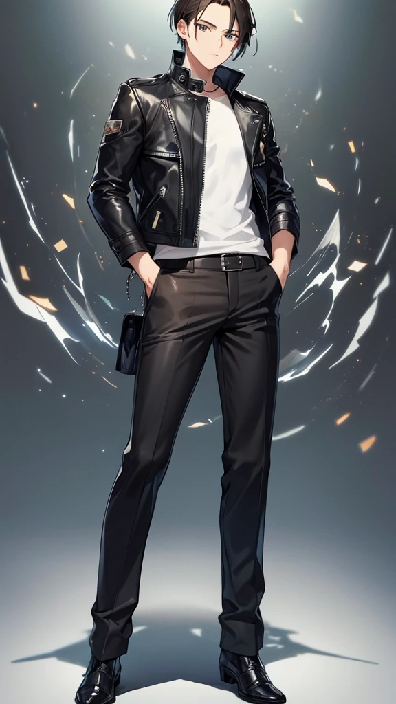 ((highest quality)), ((masterpiece)), (be familiar with), perfect face, male, male性, leather jacket, shirt, criminal, whole body