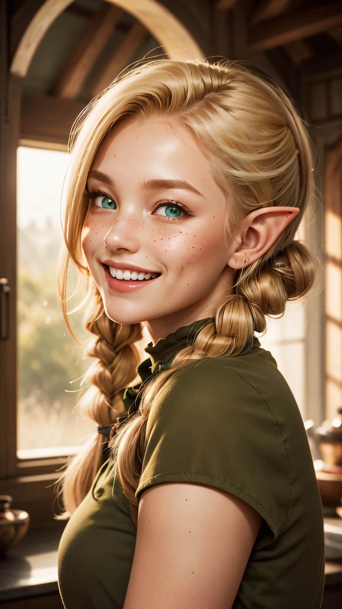 A 23-year old caucasian female elf with honey-blonde hair hair in pigtails and bright olive-green eyes. Freckles and a slight blush. Centered view. Laughing.