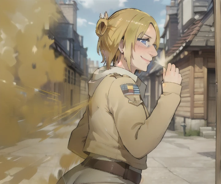 ((annie)),((velocity)),Attacked by farts, (((Women stand)),velocity, blue eyes,detailed eyes),(frowned),her butt facing screen,classic city streets)),((One Woman)),((girl wear a scout regiment outfit),((A girl smells a fart and smiled shyly )),((fart while stand)),((blushing)),(masterpiece:1.2、top-quality)、(the Extremely Detailed CG Unity 8K Wallpapers、ultra-detailliert、Best Shadows)、(细致背景)、(The best lighting、extremely delicate and beautiful)、depth of fields、1girl in、独奏 ,Women,((((Girl is embarassed when she farting)))),(profile facing diagonally)))),((i'I closed my mouth with hand feel embarassed...)),(()),((embarassing look)),((massive fart))