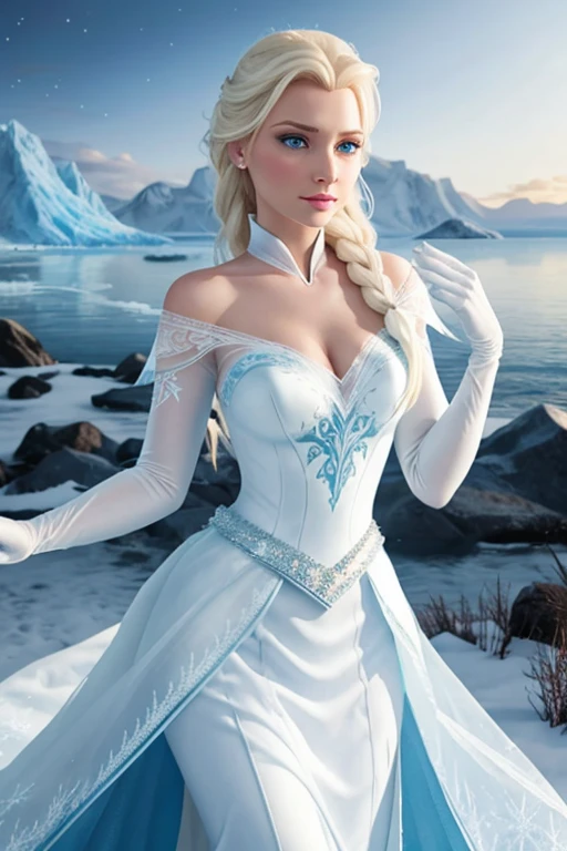 Elsa of arendel, frozen, blonde hair, blue eyes, amazing white dress, wearing white gloves 