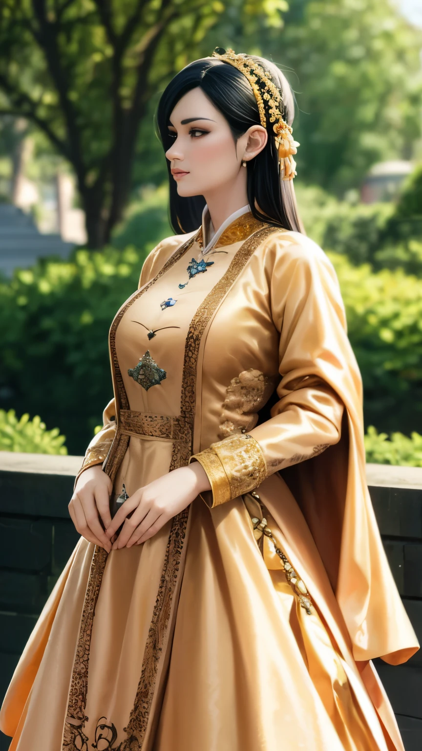 black hair, Surrealism, 8k, super detail, UHD, masterpiece, ccurate, anatomically correct, textured skin, super detail, high details, high quality, best quality, 8k，Beautiful woman，(golden dress:1.5)，Glittering costumes，Princess，western castle