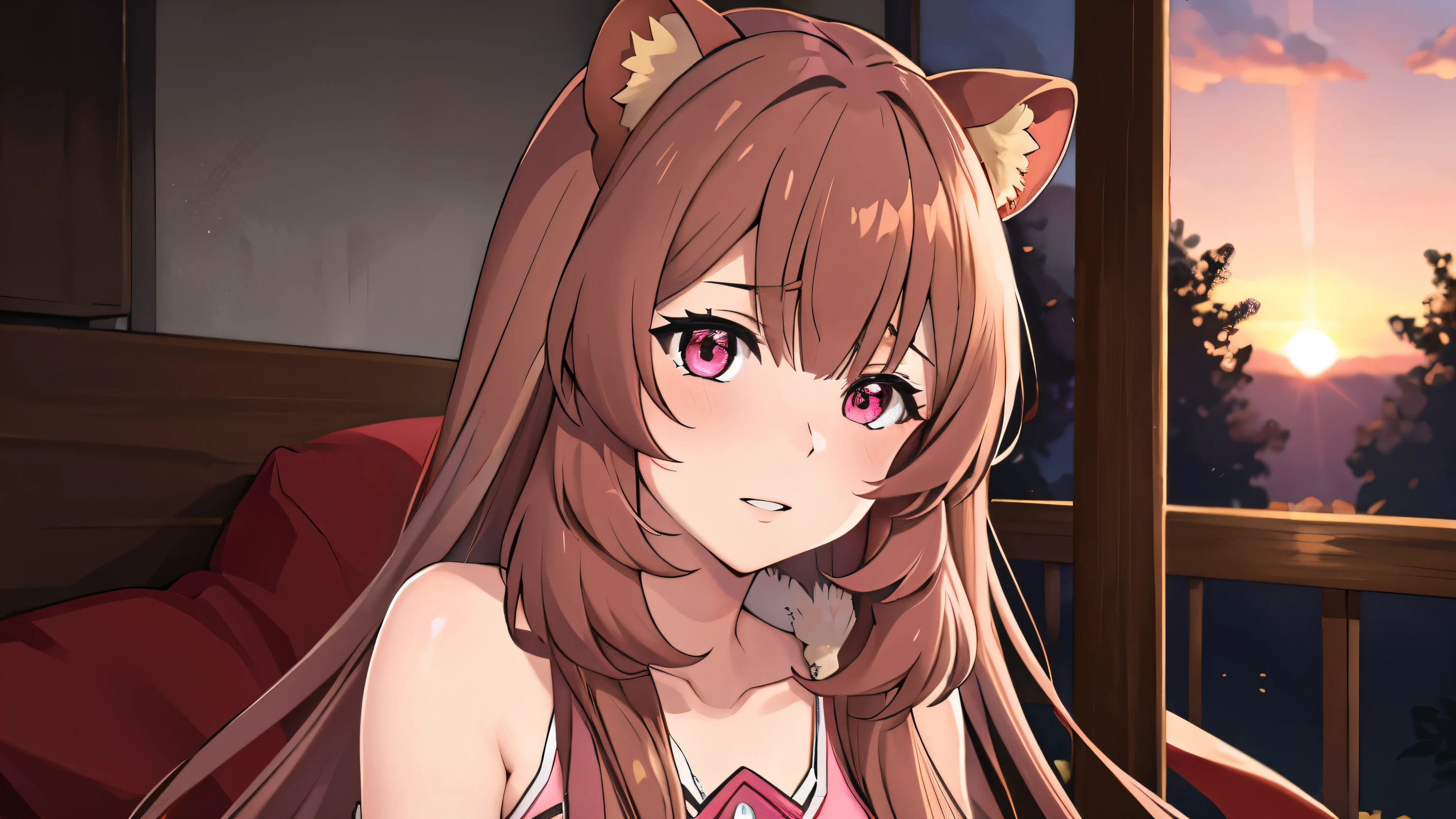 High quality, Hyperrealism, Raphtalia, pink eyes,long hair, Raccoon ears, hair between eyes, Brown hair , bare chest , sunset, Sakura, Pink cheeks, evil look, 1 girl