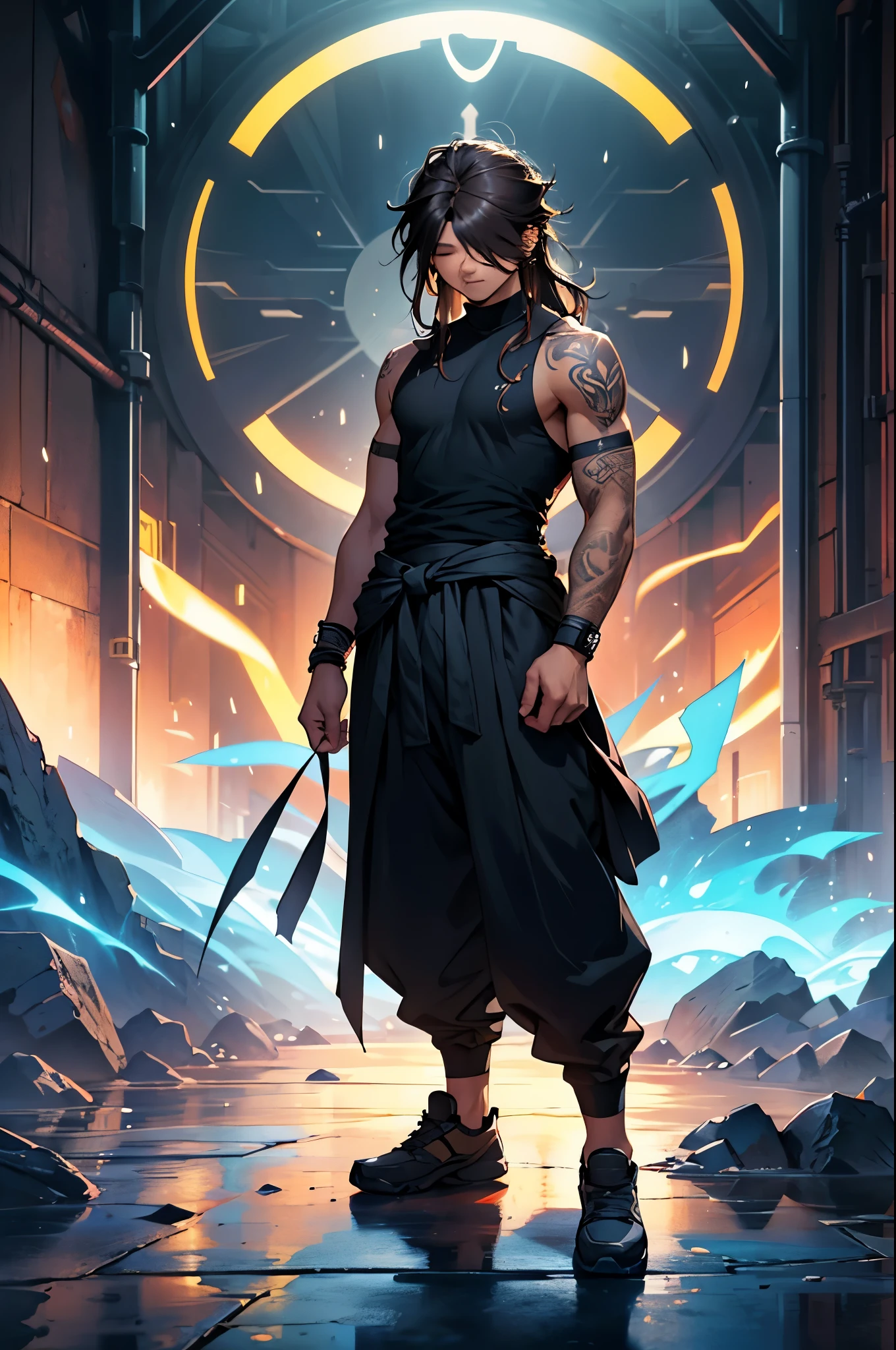 solo, Looking at the viewer, long hair, Karé's hair, Small bangs , Dark brown hair, (tattoo on the arm:1.2), Closed mouth, (Without eyes:1.7), standing, full length, Boy's trick, Facing viewer, neck open, Athletic body,(Magic:1.3), (aura:1.3), boy, Masculine facial features, boy, brawn, boy, , suction atom, barrier, teenager, (Sook:1.6), full length