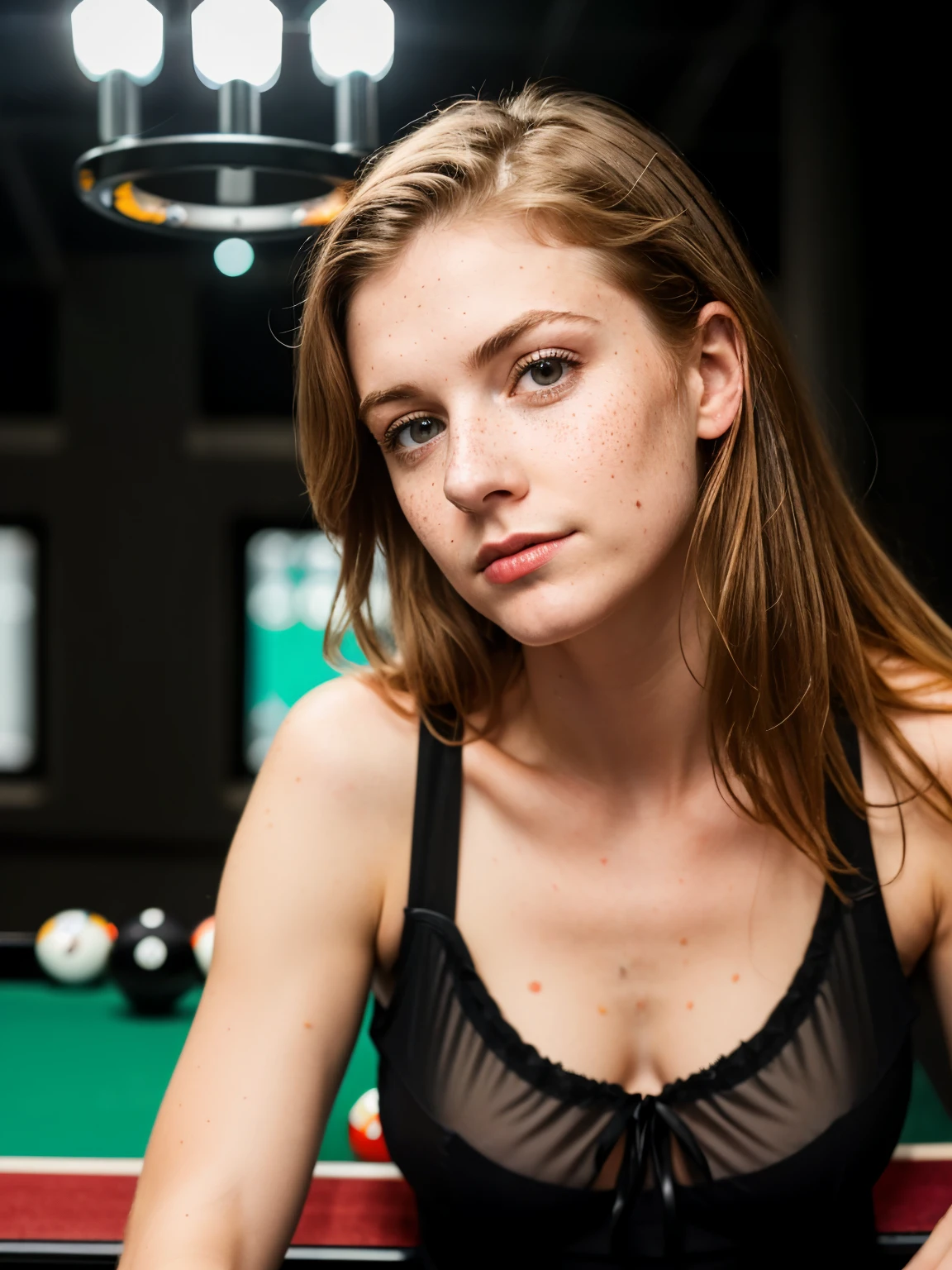 astonishing beautiful woman (jessica biel:gal gadot:0.5), highlighted hair, turquoise eyes, perfect breasts, slightly nude, highlighted slightly curly medium cut hair, pale turquoise eyes, discrete makeup hourglass figure, perfect body, billiard table, vertical lights, long shot, asymmetric, rim lighting, studio lighting, dslr, ultra quality, sharp focus, tack sharp, dof, highly detailed glossy eyes, high detailed skin, skin pores, best quality, high quality, highres, detail enhancement, humid, overcast, detailed face and eyes, higly detailed skin, 8k uhd, sharp focus, professional, best quality, long shot
