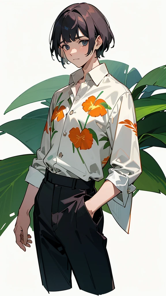 a man in a white shirt and black pants standing, with hawaiian shirt, dries van noten, elegant tropical prints, intriguing outfit, absolutely gorgeous, loosely cropped, supple look, inspired by Alexander Mann, graphic print, by Vadym Meller, by Silvia Pelissero, very , very appealing, look, by Alexander Mann, hawaiian shirt