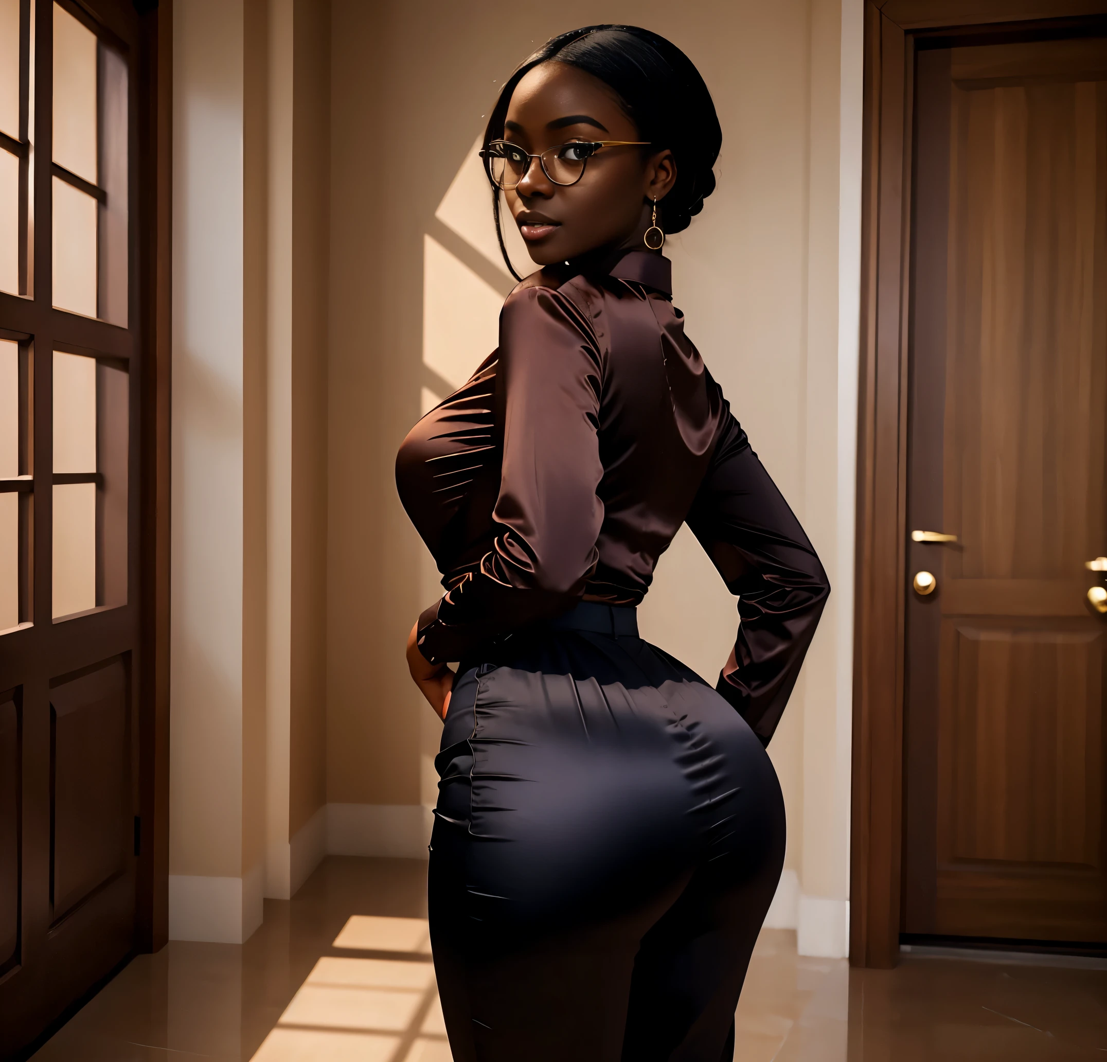 Pretty Dark skin woman in an long shirt, big brown eyes, rounded hips, high waist satin trouser, glasses, butt to camera