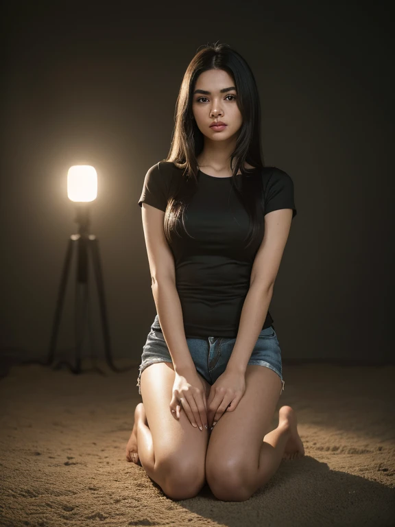photo, (full body view:1.4), woman, (5' 6" height), (age 18), Mexican-American, Latina, (body measurements 32B-24-32), (slight body:1.4), (slender body:1.4), (light brown skin:1.4), (brown eyes), (full eyebrows:1.4), (straight hair:1.4), (long hair), (coal-black hair:1.4), (center part), (full lips:1.4), (extremely full lower lip:1.4), (soft features), beautiful, (frowning face), (resting bitch face), (jean short shorts), (tight black tee-shirt), (natural skin texture), (24mm), (4k textures), (soft cinematic light), (RAW photo), (photorealism, photorealistic, (intricate), (elegant), (highly detailed), {sharp focus), (cinematic look), (soft tones), (insane details), (intricate details), hyperdetailed, masterpiece, (low contrast), (soft cinematic light), (dark colors), (exposure mix), hdr, faded, (looking at viewer)