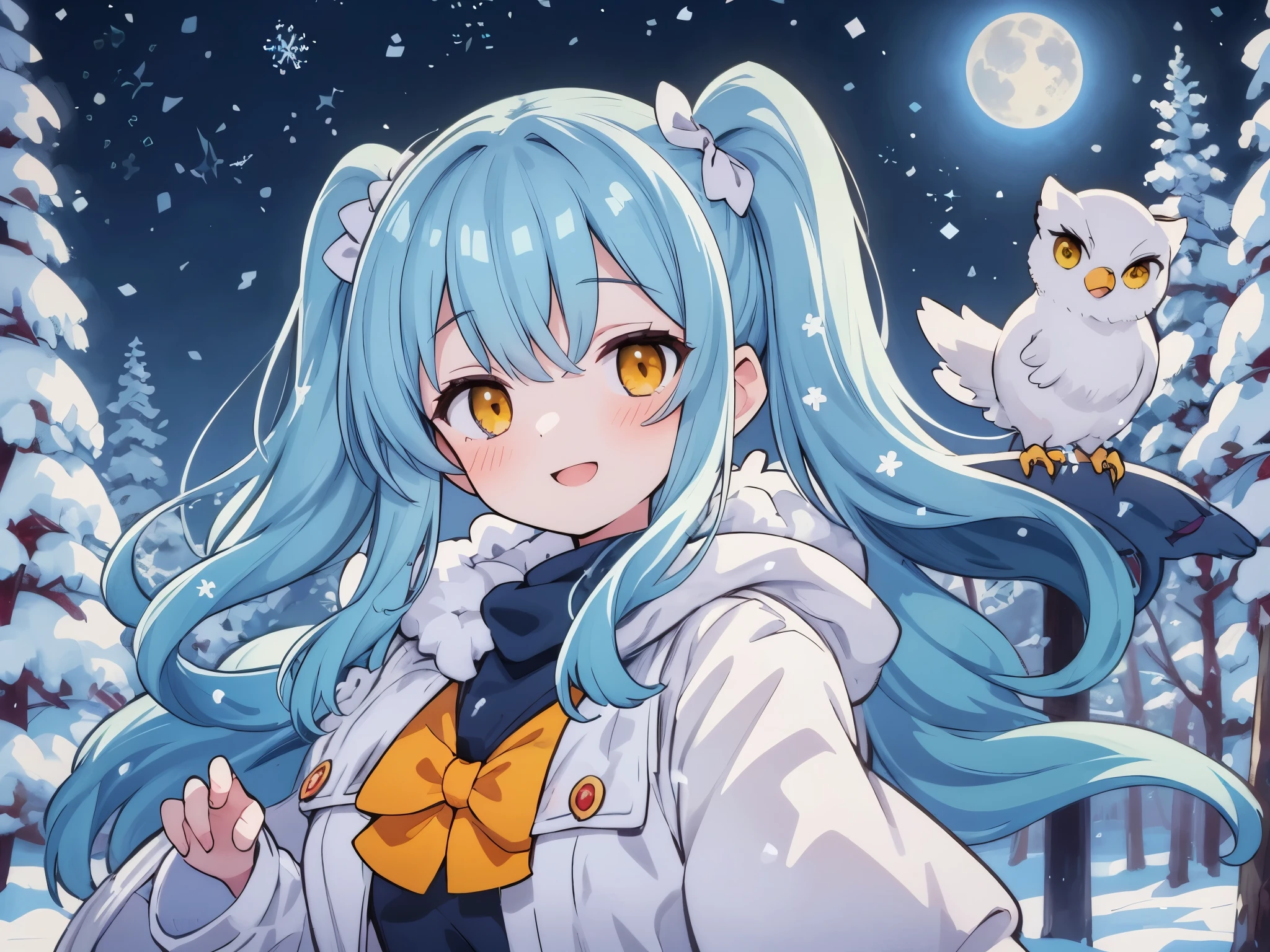 It&#39;s snowing((Some photos)).In the cold winter forest with wind blowing　It&#39;s snowing　Beautiful girl with long light blue hair　twin tails　adorable smile　warm yellow down coat　A big big owl watches over the girl　beautiful moonlit night　The stars twinkle