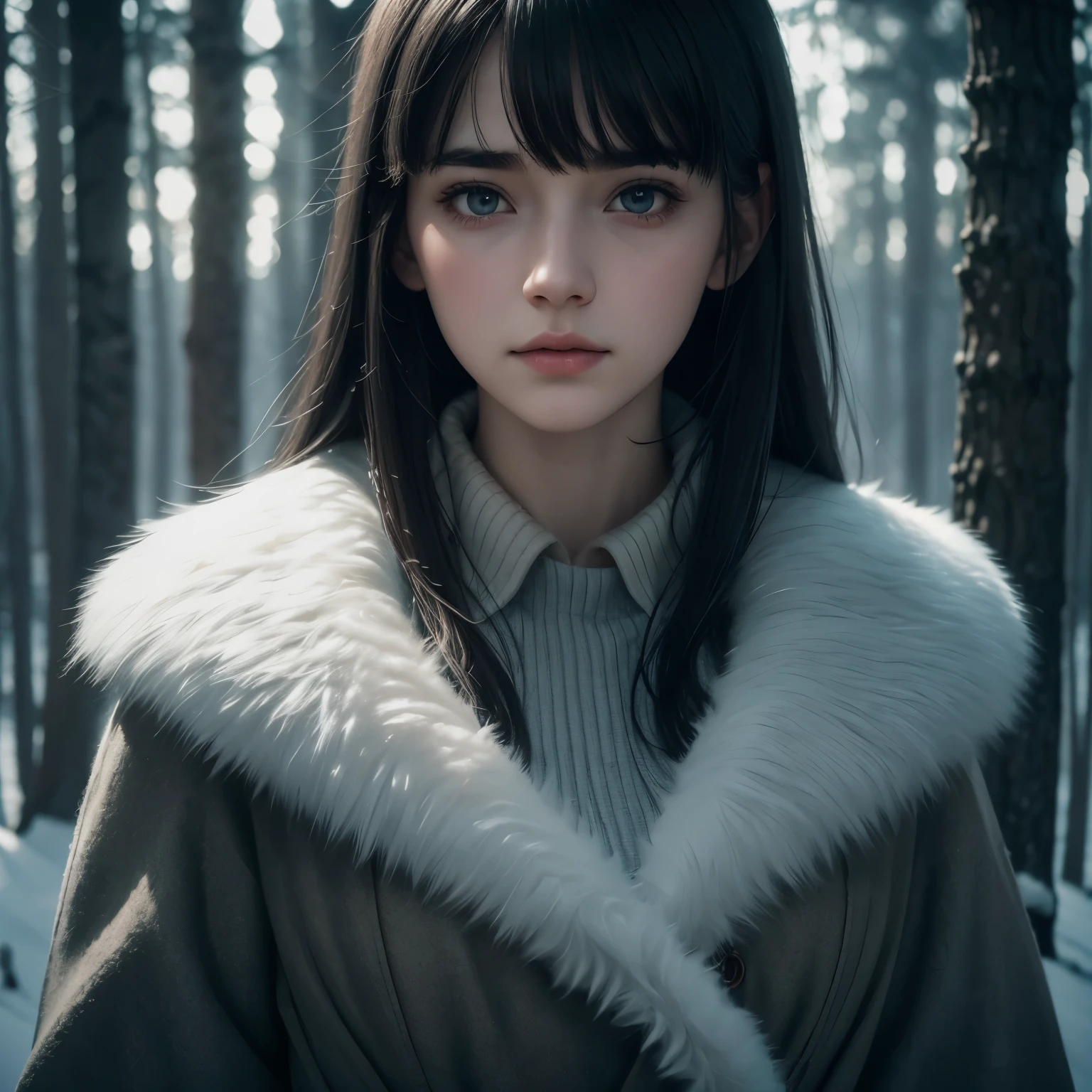 Girl with pale skin and dark hair, gray eyes and thin lips. bangs on the side, natural skin texture, 24 mm, 4K textures, soft cinematic light, Adobe Lightroom, Photo lab, HDR, difficult, elegant, very detailed, Sharp Focus, ((((cienatic look)))), soothing tones, crazy details, difficult details, hyper-detailed, low contrast, soft cinematic light, dull colors, exposure mixture, HDR, faded, place in a dark winter forest