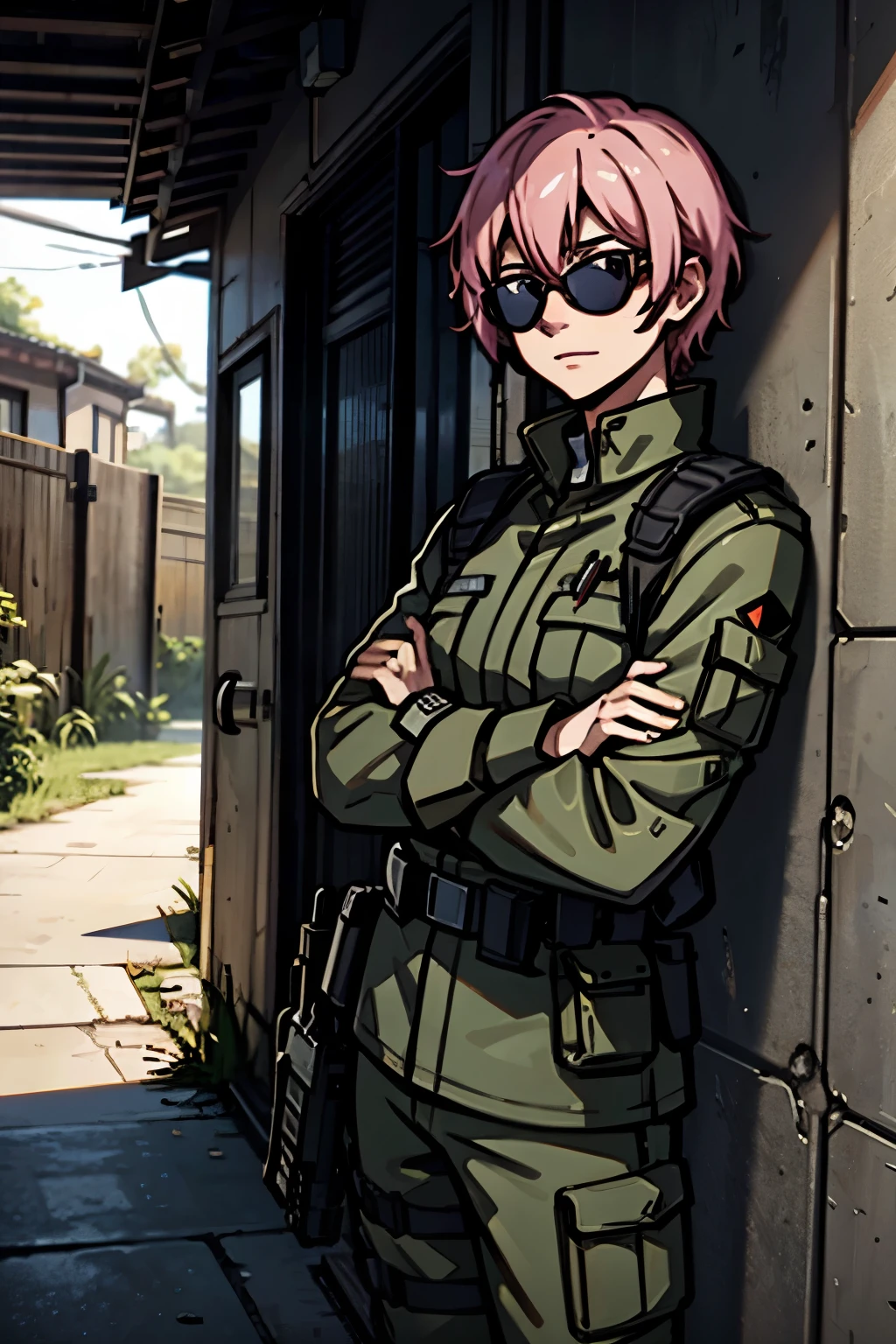 Male commando with very short pale pink hair, wearing dark black military combat gear, sunglasses and tactical helmet, standing outside a barracks