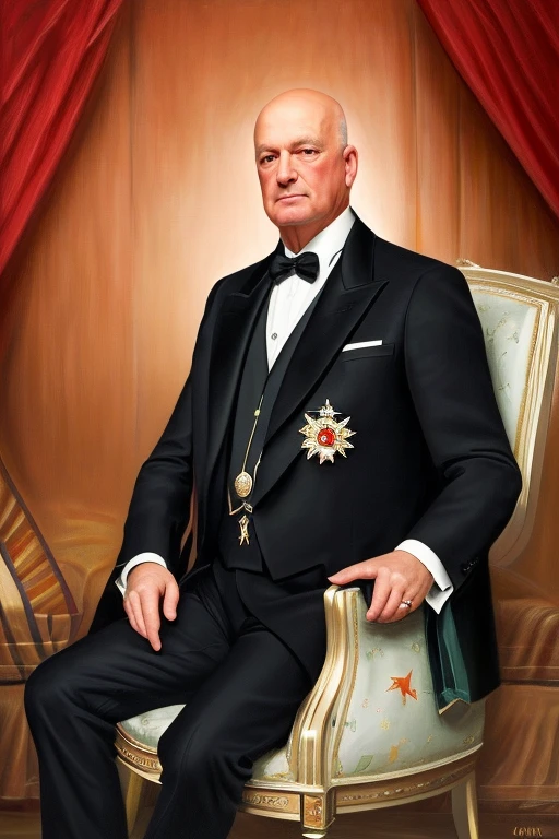 A freemason Grand Master in full regalia, Canadian themed, sitting, bald, bowtie, portrait, oil painting style