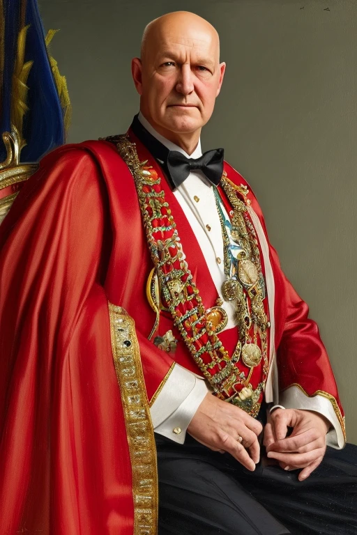 A freemason Grand Master in full regalia, Canadian themed, sitting, bald, bowtie, portrait, oil painting style