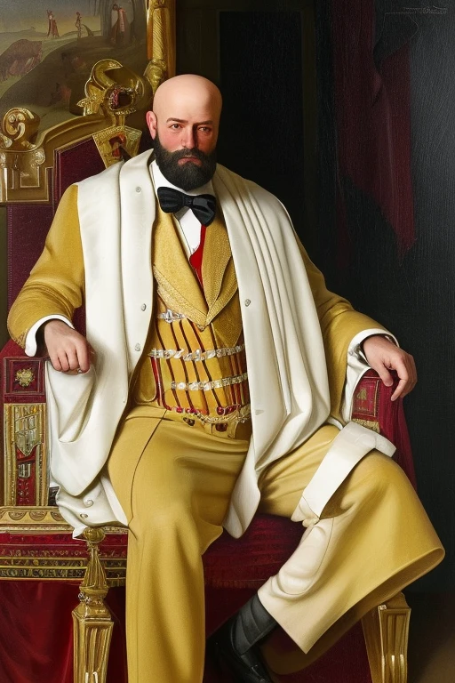 A freemason Grand Master in full regalia, Canadian themed, sitting, bald, bowtie, portrait, oil painting style