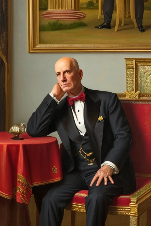 A freemason Grand Master in full regalia, Canadian themed, sitting, bald, bowtie, portrait, oil painting style