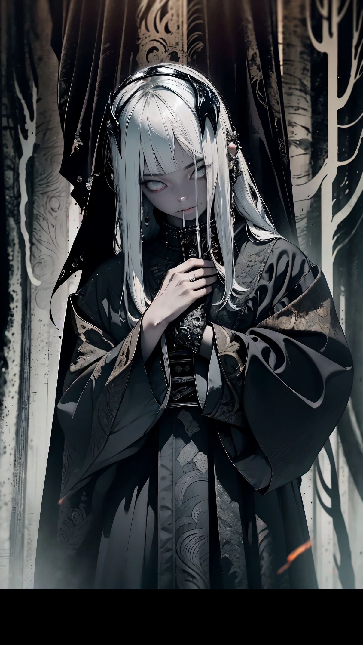 digital art, anime of beautiful girl as The Death, The death in black hoodie cloack, long robe, iconic stance, skull face, long white hair, holding scythe in hand, best quality, a gradient movement of transition color background, dark moon background