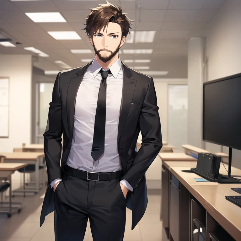 masterpiece, best quality, 1boy, solo, mature male, spiky hair, short hair, brown hair, hazel eyes, beard, black jacket, collared shirt, necktie, black tie, black pants, office, hands in pockets