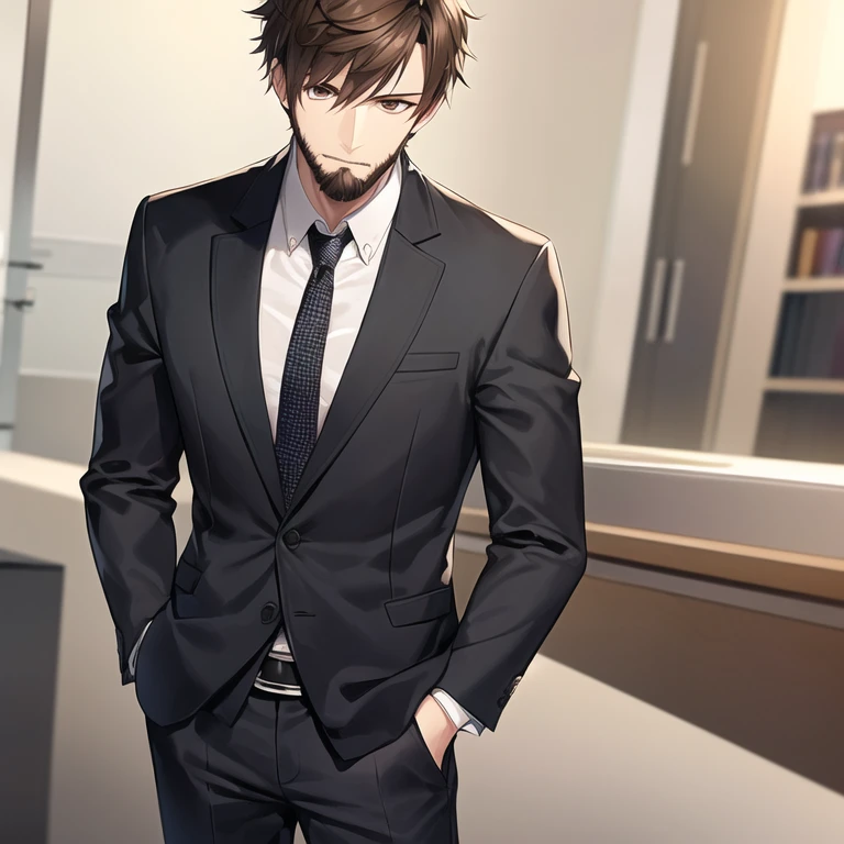 masterpiece, best quality, 1boy, solo, mature male, spiky hair, short hair, brown hair, hazel eyes, beard, black jacket, collared shirt, necktie, black tie, black pants, office, hands in pockets