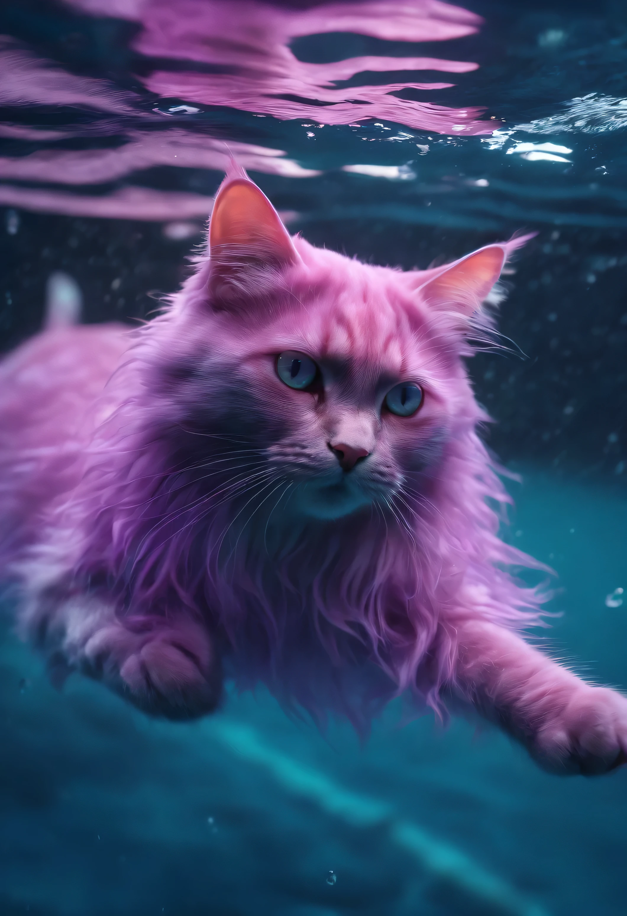 underwater, Sea, purple, pink, Cat, Cat swimming, (shape: 1.0), great composition, realistic lighting, HD details, masterpiece, highest quality, (8k wallpaper that integrates high-definition CG)