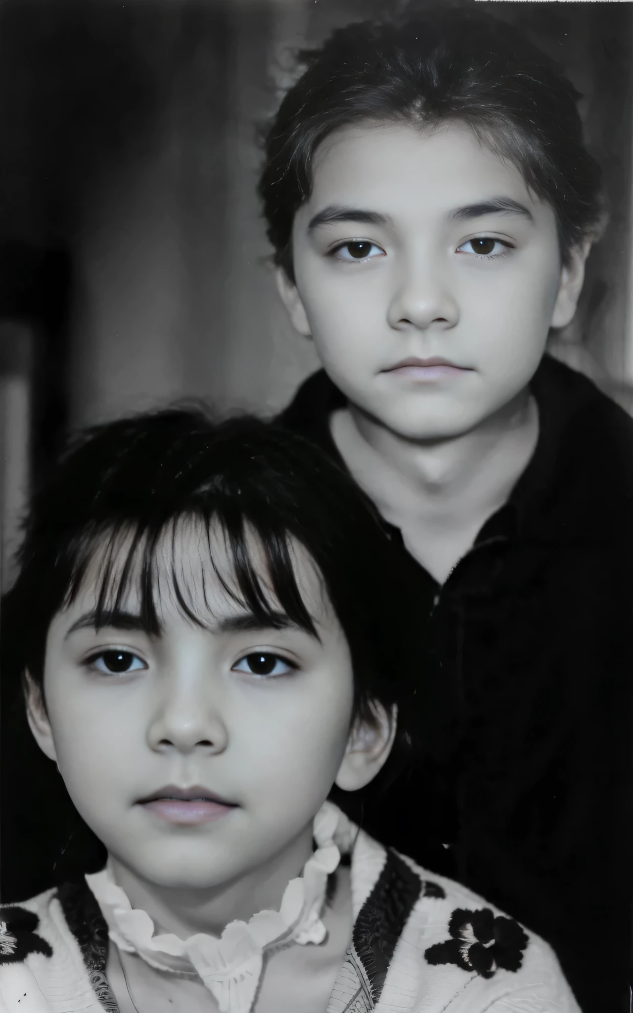 a black and white photograph of a girl and a boy, foto granulada en blanco y negro, foto granulada en blanco y negro, vieja foto en blanco y negro, son muy serios, grainy monochrome photo, damaged grainy photo, Foto vieja, viejo cuadro, una vieja foto en blanco y negro, por Naondo Nakamura