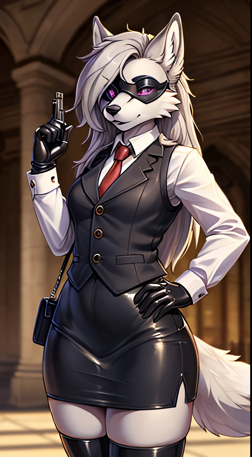 masterpiece, Best quality, wolf with gray fur, young woman, bank robber, armed with a pistol, long hair, in a white shirt, in a buttoned leather vest, in a long leather pencil skirt, wearing long gloves, in tights, wearing an eye mask with holes for the eyes, it&#39;s in the bank